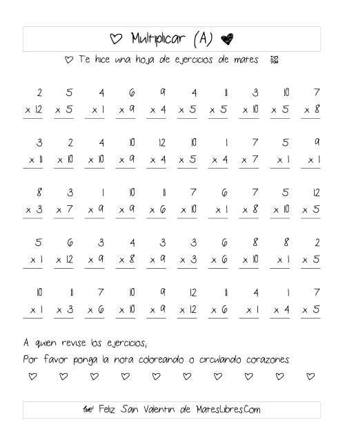 La hoja de ejercicios de Multiplicación de San Valentín (Rango de 1 a 12) (A)