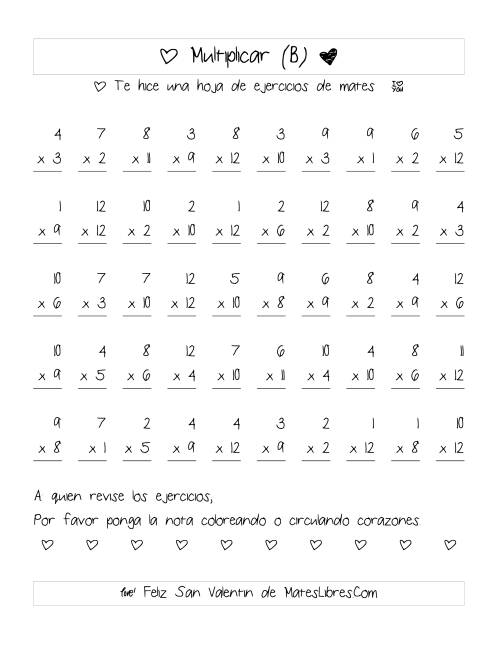 La hoja de ejercicios de Multiplicación de San Valentín (Rango de 1 a 12) (B)
