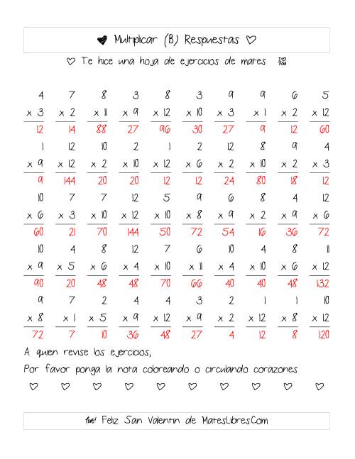 La hoja de ejercicios de Multiplicación de San Valentín (Rango de 1 a 12) (B) Página 2