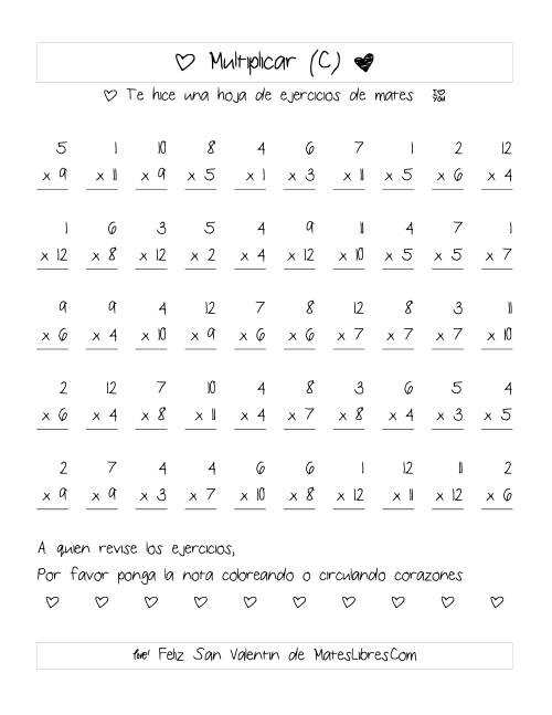La hoja de ejercicios de Multiplicación de San Valentín (Rango de 1 a 12) (C)