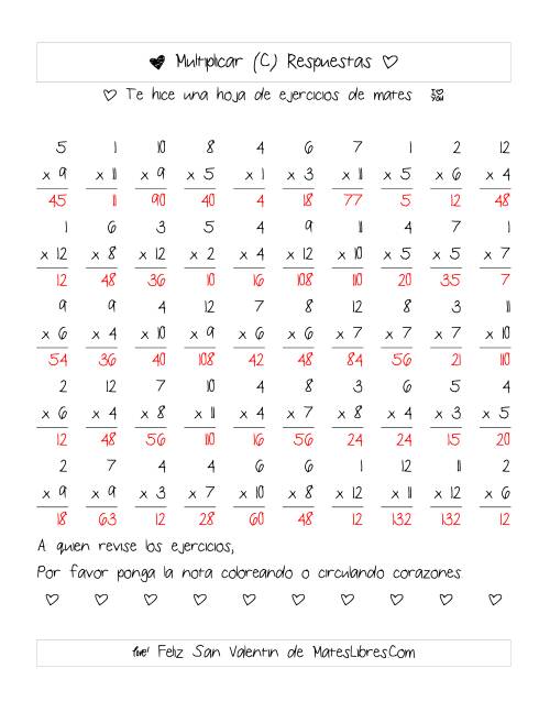 La hoja de ejercicios de Multiplicación de San Valentín (Rango de 1 a 12) (C) Página 2