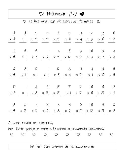 La hoja de ejercicios de Multiplicación de San Valentín (Rango de 1 a 12) (D)