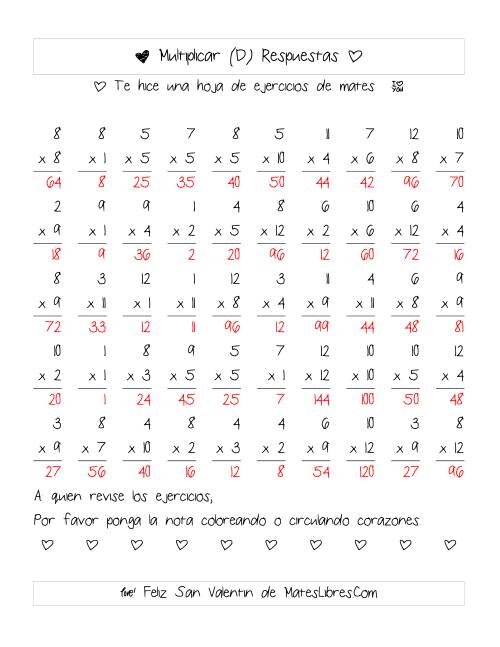 La hoja de ejercicios de Multiplicación de San Valentín (Rango de 1 a 12) (D) Página 2