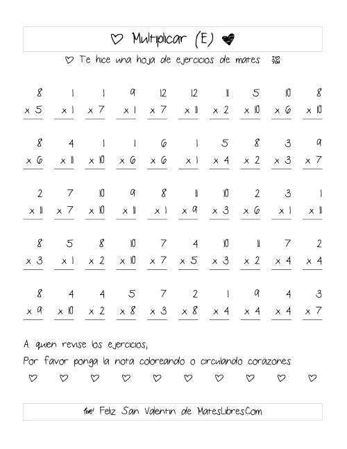 La hoja de ejercicios de Multiplicación de San Valentín (Rango de 1 a 12) (E)