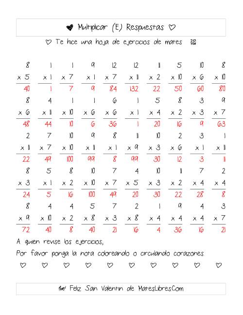 La hoja de ejercicios de Multiplicación de San Valentín (Rango de 1 a 12) (E) Página 2