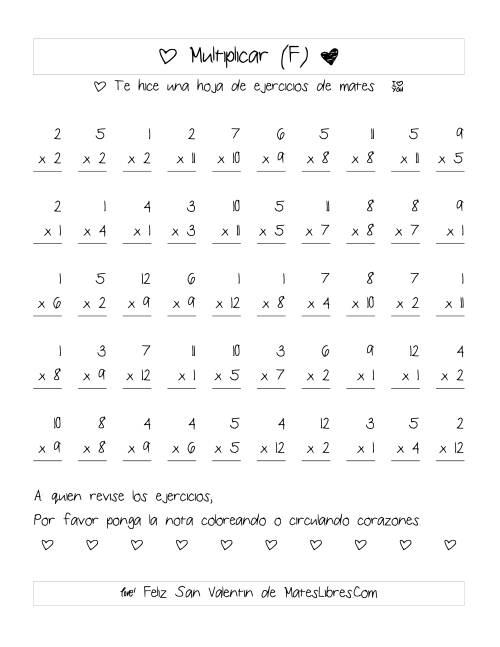 La hoja de ejercicios de Multiplicación de San Valentín (Rango de 1 a 12) (F)