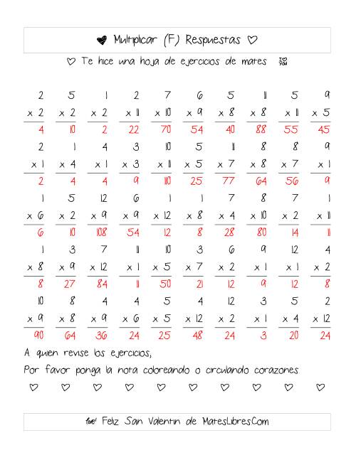 La hoja de ejercicios de Multiplicación de San Valentín (Rango de 1 a 12) (F) Página 2