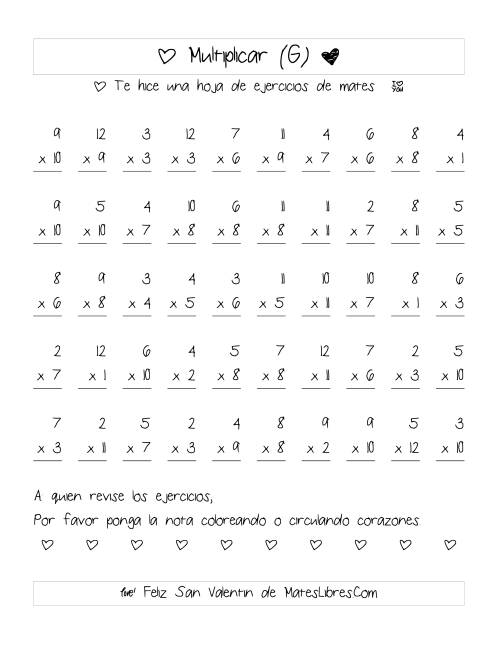La hoja de ejercicios de Multiplicación de San Valentín (Rango de 1 a 12) (G)