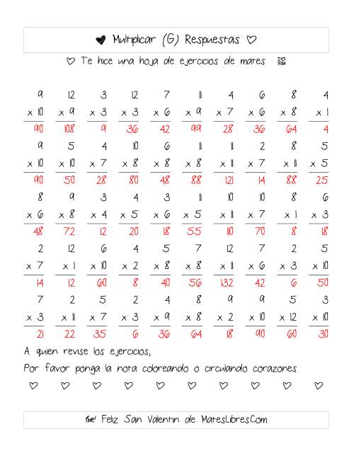 La hoja de ejercicios de Multiplicación de San Valentín (Rango de 1 a 12) (G) Página 2