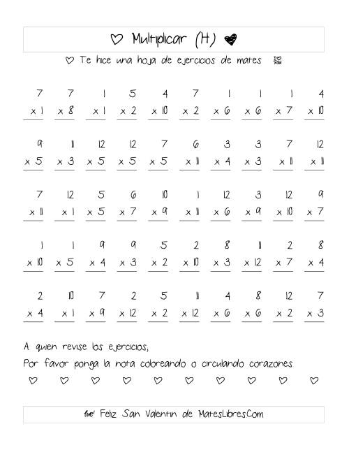 La hoja de ejercicios de Multiplicación de San Valentín (Rango de 1 a 12) (H)
