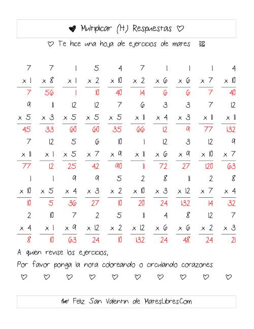 La hoja de ejercicios de Multiplicación de San Valentín (Rango de 1 a 12) (H) Página 2