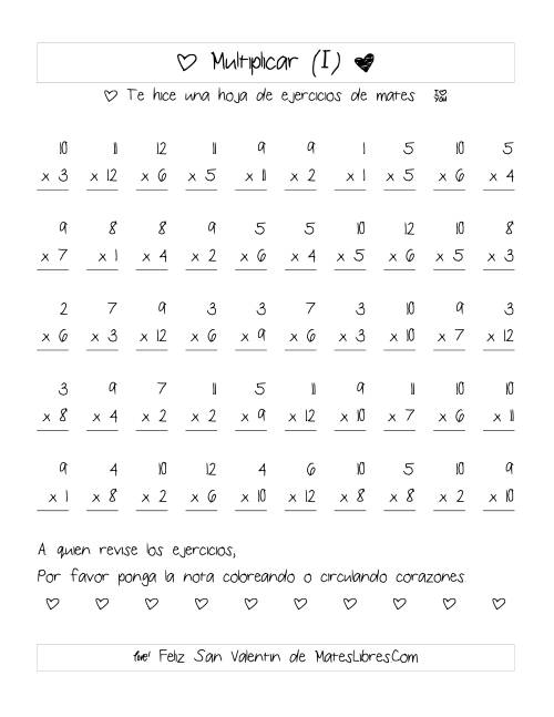 La hoja de ejercicios de Multiplicación de San Valentín (Rango de 1 a 12) (I)