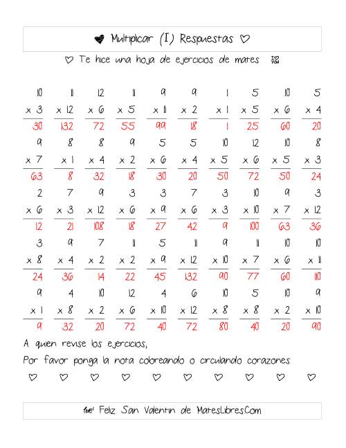 La hoja de ejercicios de Multiplicación de San Valentín (Rango de 1 a 12) (I) Página 2