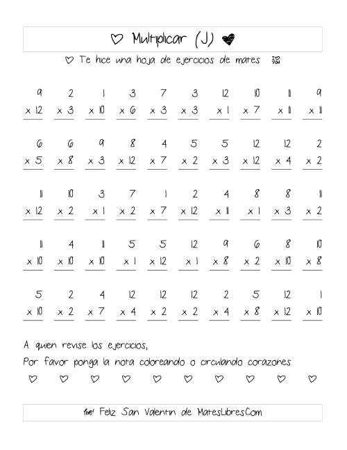 La hoja de ejercicios de Multiplicación de San Valentín (Rango de 1 a 12) (J)