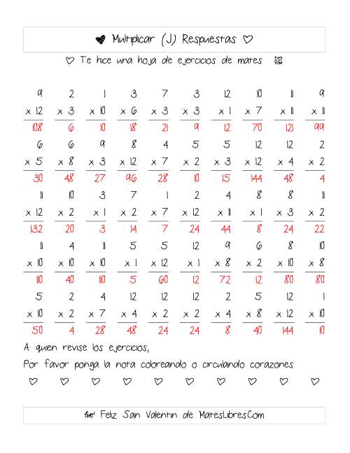 La hoja de ejercicios de Multiplicación de San Valentín (Rango de 1 a 12) (J) Página 2