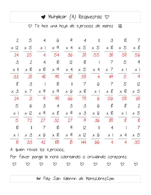 La hoja de ejercicios de Multiplicación de San Valentín (Rango de 1 a 12) (Todas) Página 2