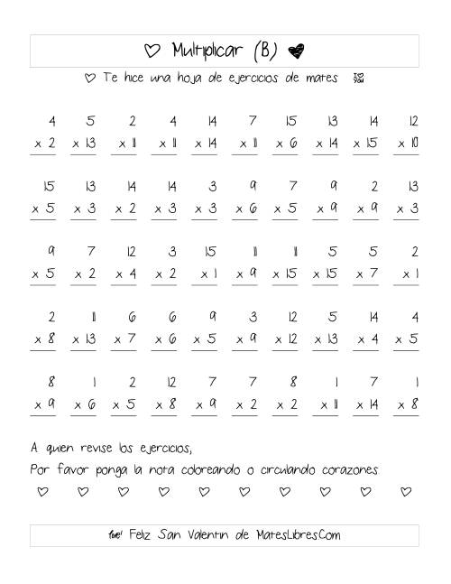 La hoja de ejercicios de Multiplicación de San Valentín (Rango de 1 a 15) (B)