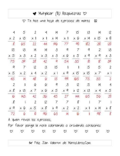 La hoja de ejercicios de Multiplicación de San Valentín (Rango de 1 a 15) (B) Página 2