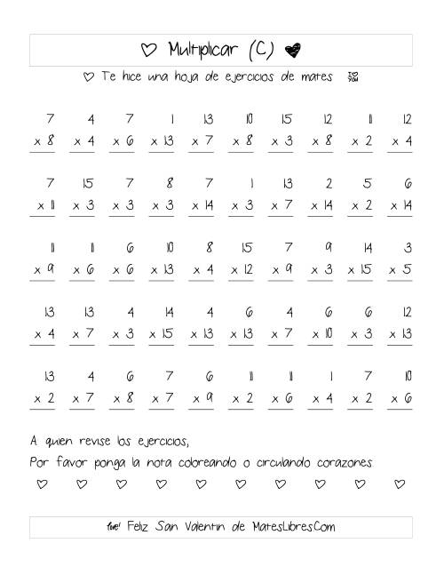 La hoja de ejercicios de Multiplicación de San Valentín (Rango de 1 a 15) (C)