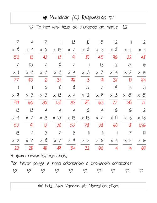 La hoja de ejercicios de Multiplicación de San Valentín (Rango de 1 a 15) (C) Página 2