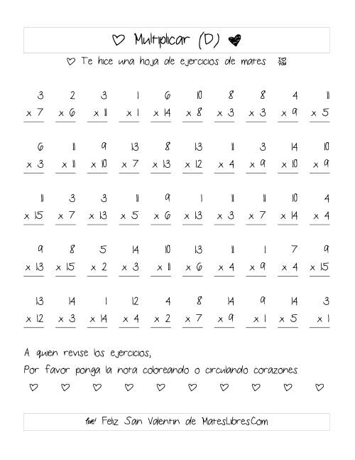 La hoja de ejercicios de Multiplicación de San Valentín (Rango de 1 a 15) (D)