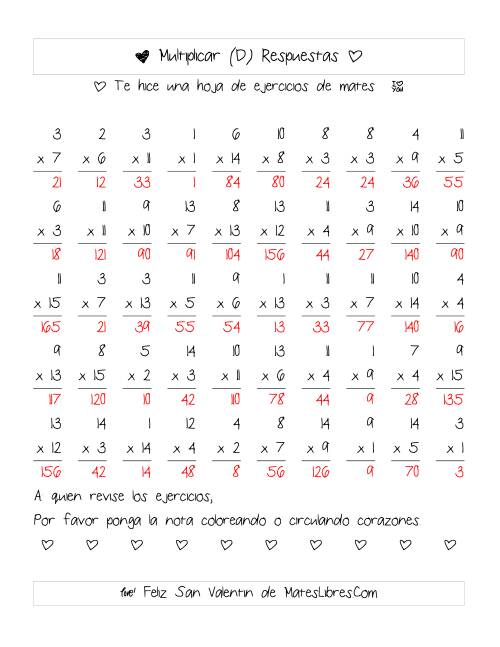 La hoja de ejercicios de Multiplicación de San Valentín (Rango de 1 a 15) (D) Página 2