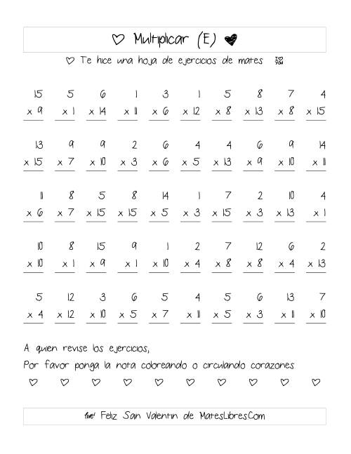 La hoja de ejercicios de Multiplicación de San Valentín (Rango de 1 a 15) (E)
