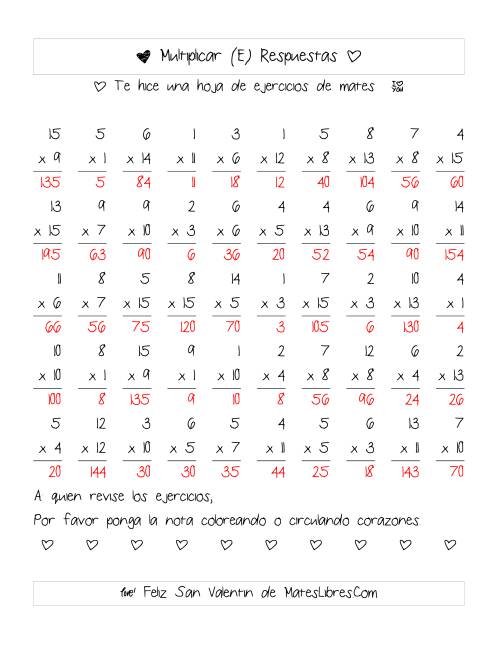 La hoja de ejercicios de Multiplicación de San Valentín (Rango de 1 a 15) (E) Página 2