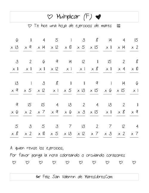La hoja de ejercicios de Multiplicación de San Valentín (Rango de 1 a 15) (F)