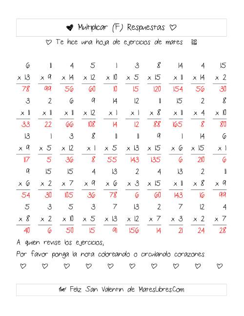 La hoja de ejercicios de Multiplicación de San Valentín (Rango de 1 a 15) (F) Página 2