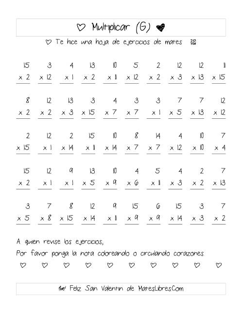 La hoja de ejercicios de Multiplicación de San Valentín (Rango de 1 a 15) (G)
