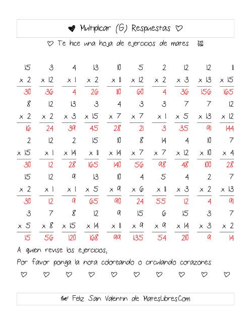 La hoja de ejercicios de Multiplicación de San Valentín (Rango de 1 a 15) (G) Página 2