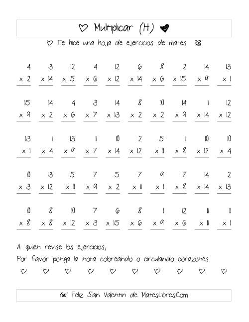 La hoja de ejercicios de Multiplicación de San Valentín (Rango de 1 a 15) (H)