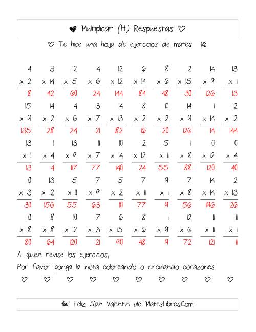 La hoja de ejercicios de Multiplicación de San Valentín (Rango de 1 a 15) (H) Página 2