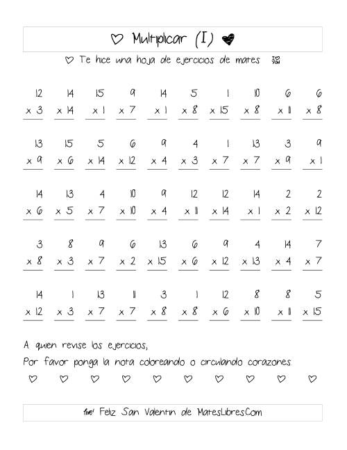 La hoja de ejercicios de Multiplicación de San Valentín (Rango de 1 a 15) (I)