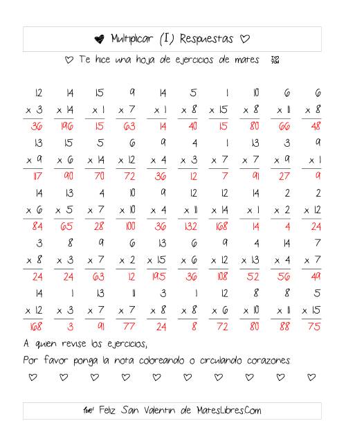 La hoja de ejercicios de Multiplicación de San Valentín (Rango de 1 a 15) (I) Página 2