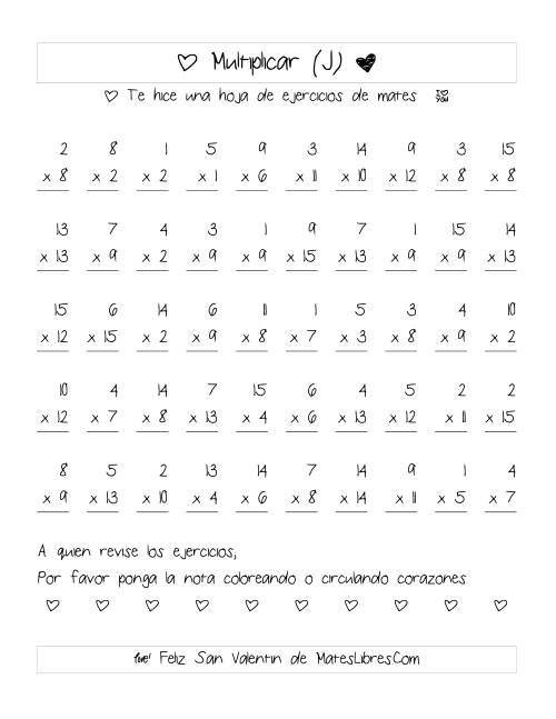 La hoja de ejercicios de Multiplicación de San Valentín (Rango de 1 a 15) (J)