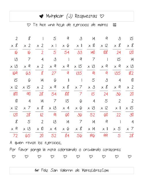 La hoja de ejercicios de Multiplicación de San Valentín (Rango de 1 a 15) (J) Página 2