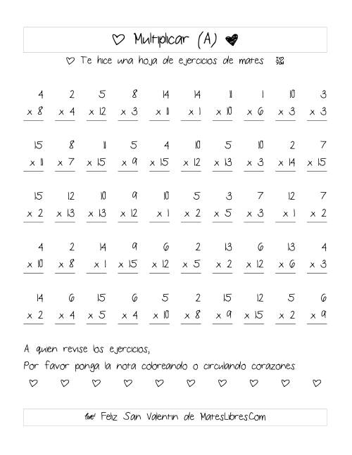 La hoja de ejercicios de Multiplicación de San Valentín (Rango de 1 a 15) (Todas)