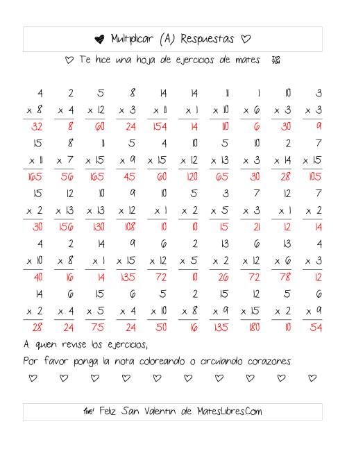La hoja de ejercicios de Multiplicación de San Valentín (Rango de 1 a 15) (Todas) Página 2