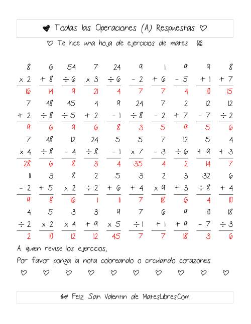 La hoja de ejercicios de Aritmética de San Valentín (Rango de 1 a 9) (A) Página 2