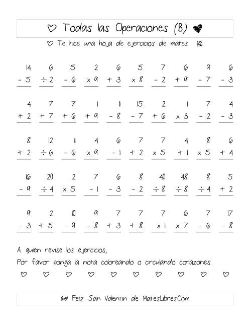 La hoja de ejercicios de Aritmética de San Valentín (Rango de 1 a 9) (B)