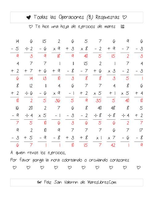 La hoja de ejercicios de Aritmética de San Valentín (Rango de 1 a 9) (B) Página 2