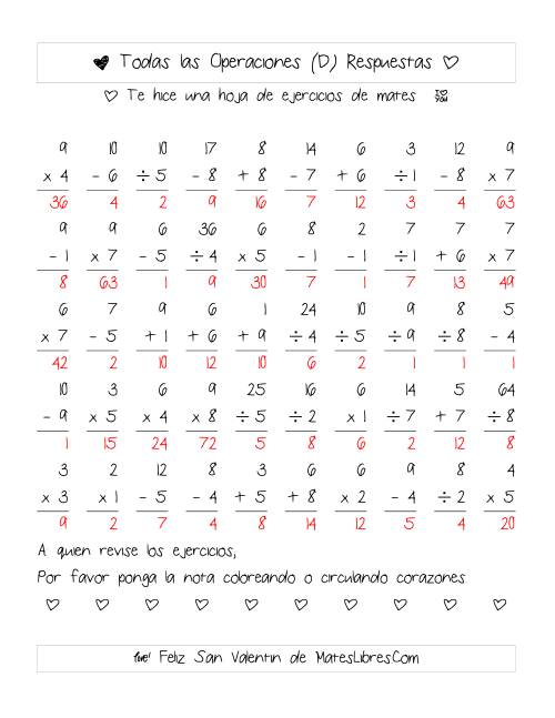 La hoja de ejercicios de Aritmética de San Valentín (Rango de 1 a 9) (D) Página 2