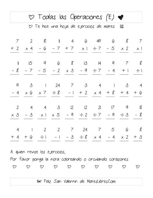 La hoja de ejercicios de Aritmética de San Valentín (Rango de 1 a 9) (E)