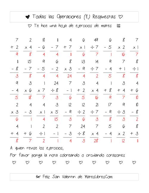 La hoja de ejercicios de Aritmética de San Valentín (Rango de 1 a 9) (E) Página 2
