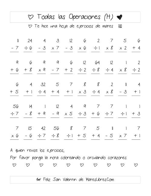 La hoja de ejercicios de Aritmética de San Valentín (Rango de 1 a 9) (H)