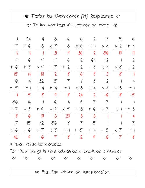 La hoja de ejercicios de Aritmética de San Valentín (Rango de 1 a 9) (H) Página 2