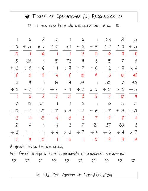 La hoja de ejercicios de Aritmética de San Valentín (Rango de 1 a 9) (I) Página 2