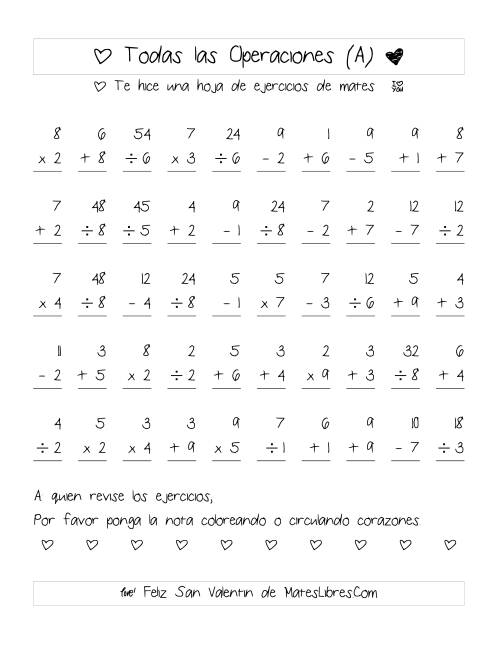 La hoja de ejercicios de Aritmética de San Valentín (Rango de 1 a 9) (Todas)